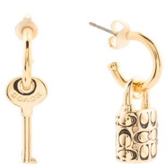 COACH Padlock Key Huggie Hoop Earrings in Gold - Picture 2 of 2